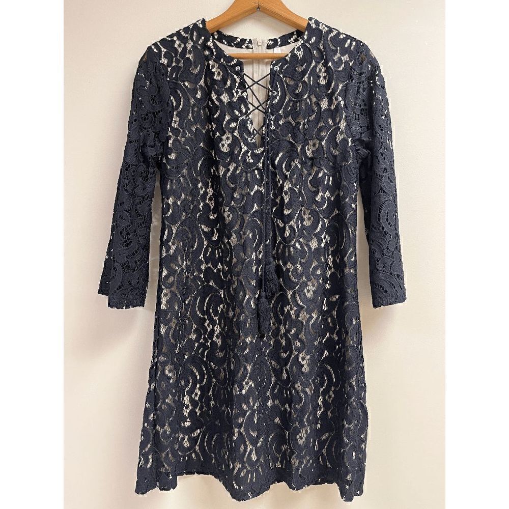 Xhilaration Womens Lined 3/4 Sleeve Tassel Front Lace Mini Dress Black Sz S